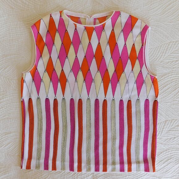VTG Zio Luigi sleeveless top Pucci look harlequin mod 60s diamond tassel blouse - Picture 3 of 13